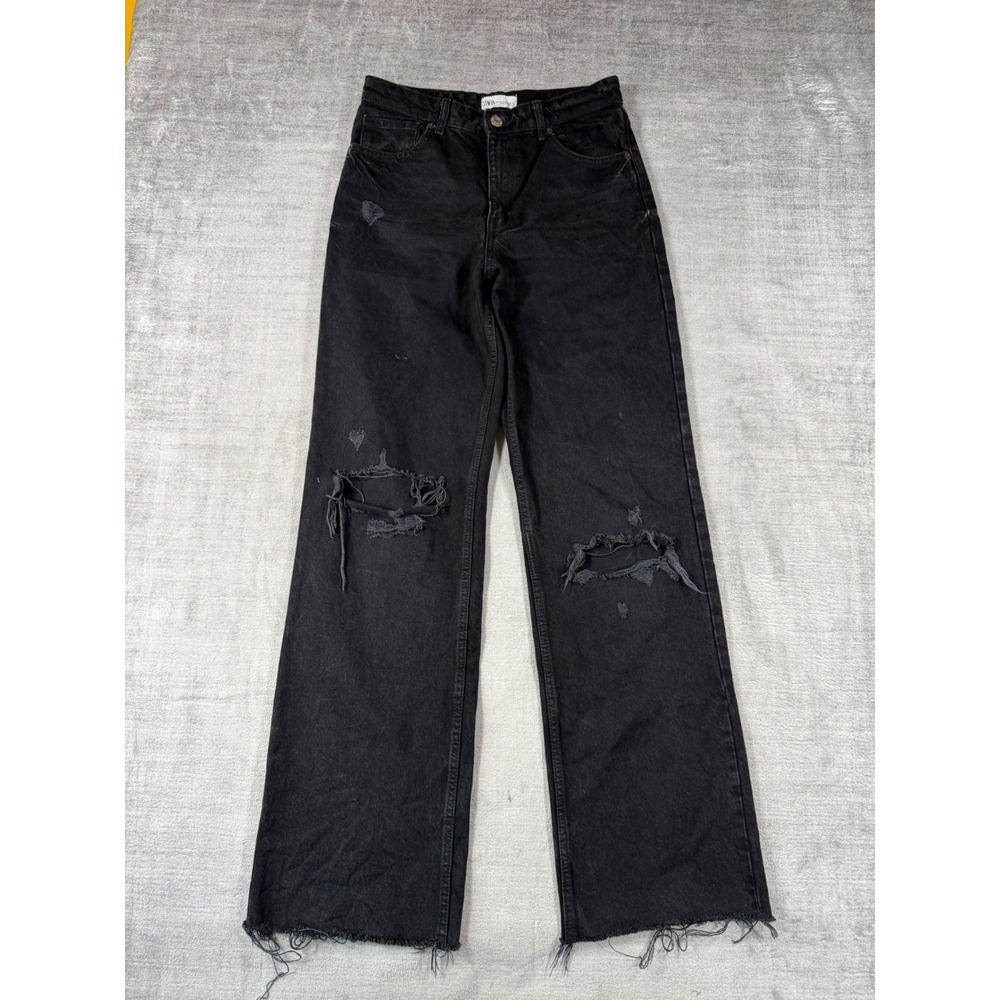 Zara Jeans Women Size 8 Black Wide Leg Distressed High Rise Raw Hem Denim Edgy
